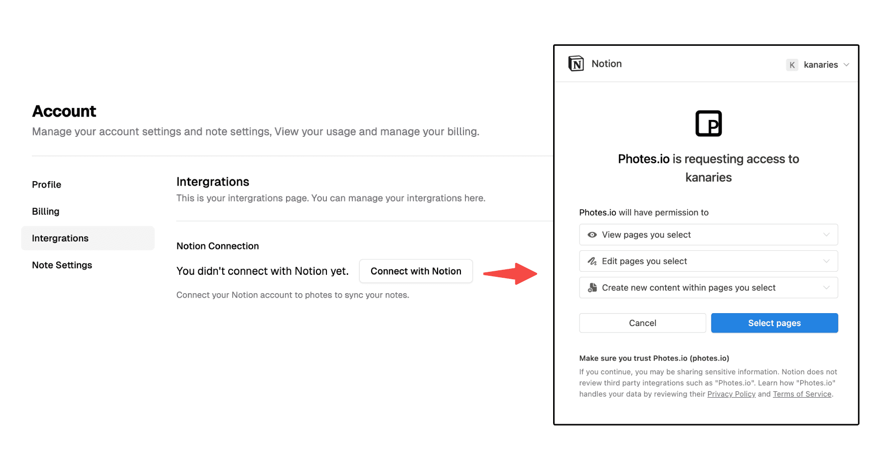 Klicken Sie auf 'Mit Notion verbinden' und wählen Sie Seiten zum Synchronisieren der Notizen aus