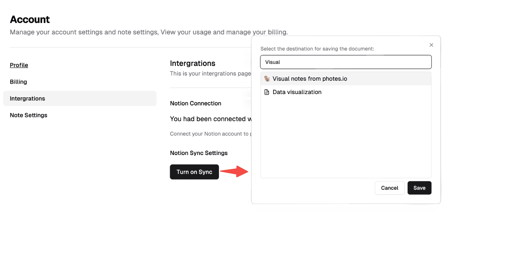 Clicking the Turn on Sync button and select a destination page in Notion