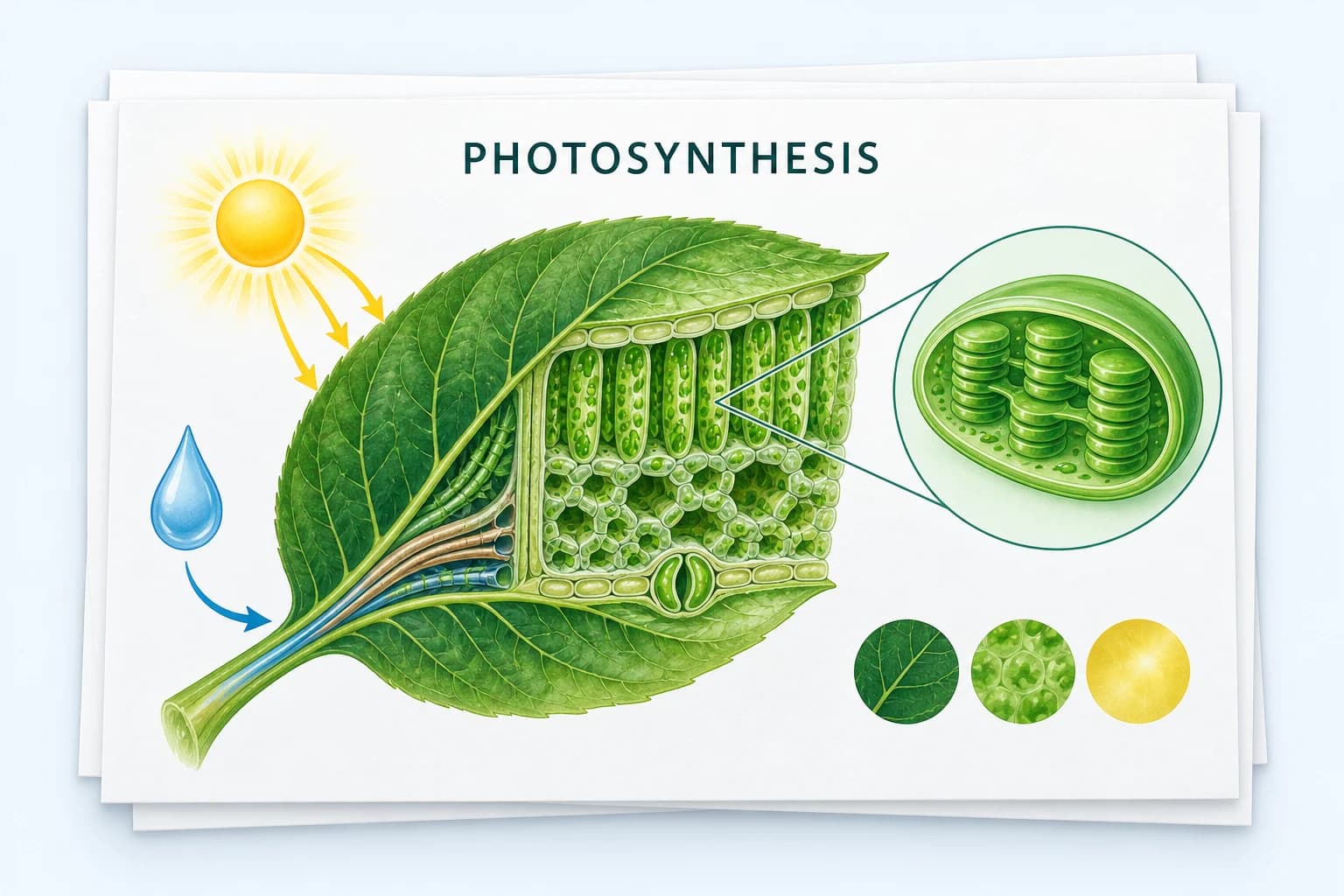 Diapositivas de biología con una hoja y diagramas de la fotosíntesis