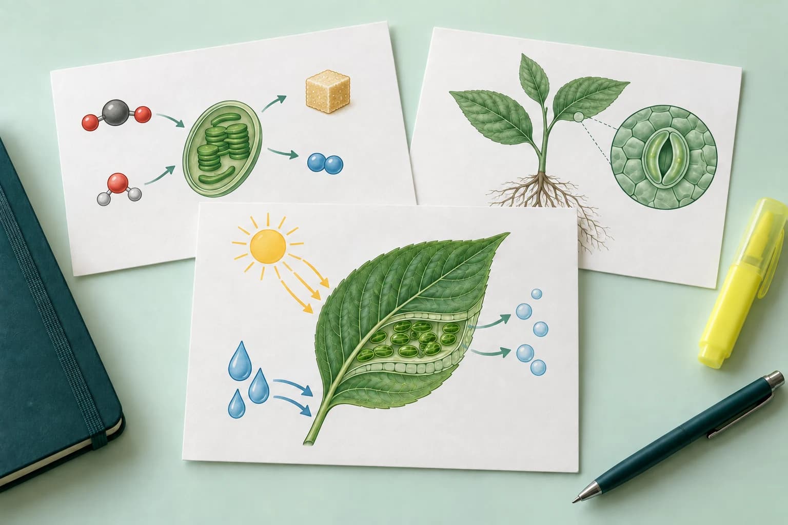 Fiches de biologie avec des dessins de feuilles, un carnet et un surligneur jaune